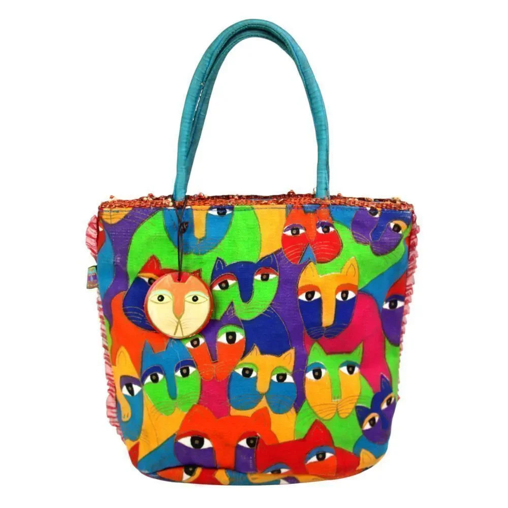 Laurel Burch MULTICOLOR COTTON CANVAS KAT BLUE HANDLES SATCHEL HANDBAG